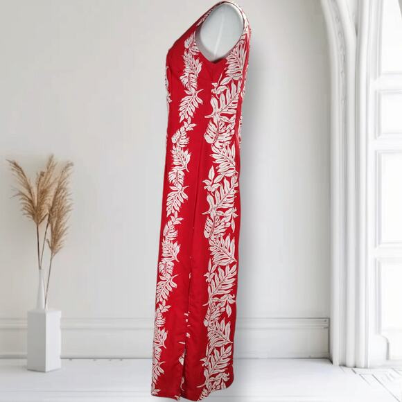 Vintage Royal Creations Red Leaf Hawaiian Maxi Dress Sleeveless Slit USA Size M - Picture 4 of 16